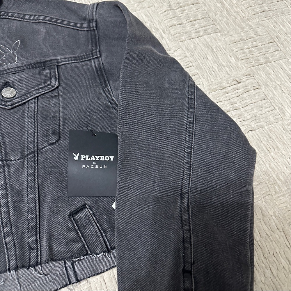 Playboy Pacsun Rhinestone Bling Cropped Black Denim Jacket NWT Logo - Picture 4 of 12